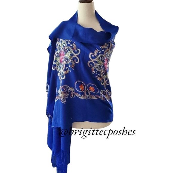 CHALINA Blue Embroidered Shawl  - Picture 1 of 10